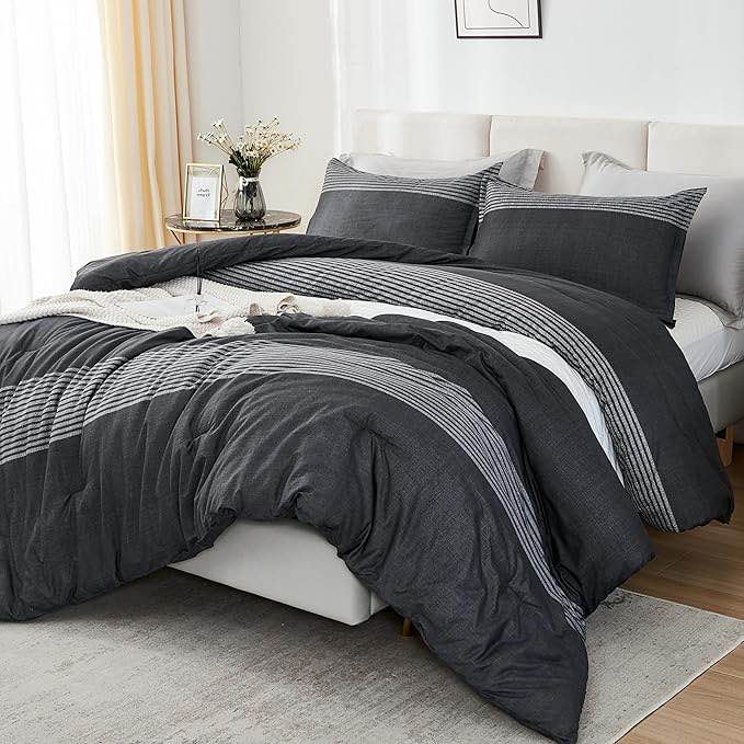 Oeko Tex global recycled standard gray black comforter and sheet 66 in x 90 in