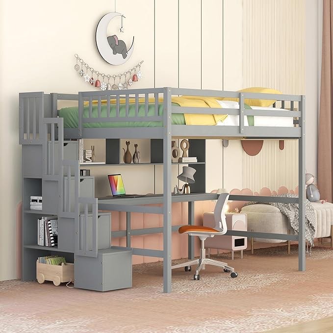 full loft bed with desk staircase grey