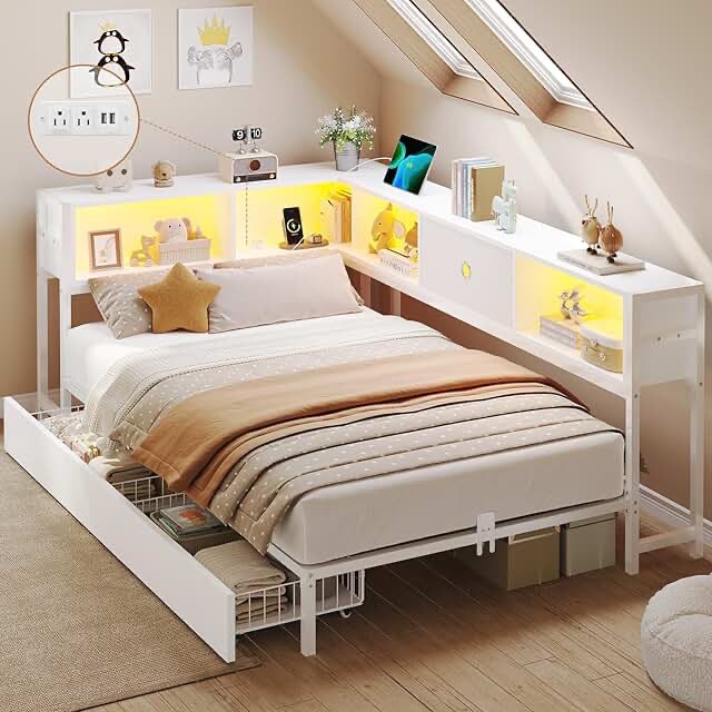 full size bed with all in one cabinet self and 4 drawers white