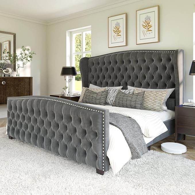 AMERLIFE King Size Platform Bed Frame, Velvet Upholstered Bed with Deep Button Tufted & Nailhead Trim Wingback Headboard/No Box Spring Needed/Grey