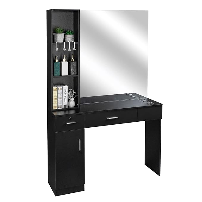 OmySalon Barber Station with Mirror, Hair Salon Station for Hair Stylist, Wall Mount Salon Beauty Spa Equipment with 3 Hair Dryer Holders & Open Shelves, 2 Drawers, 1 Storage Cabinet, Black