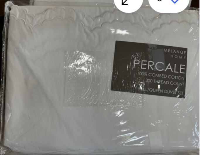 Melange Home Double Scalloped Percale Cotton Duvet Set Queen White 3 Piece