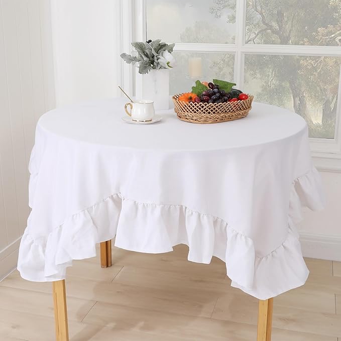 60" Round Decorator Tablecloth Dining and Banquet Rustic Style Linen Solid Color Ruffled Edge (White)