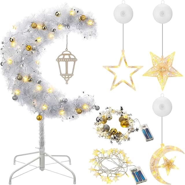 eid outdoor decoration 3ft lighted ramadan mubarak crescent tree with star string led artificial moon tree for eid ramadan garden home outdoor party decor(silver)