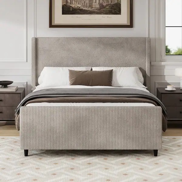 ( incomplete)King Size Platform Bed Vertical Stripe Wingback Bed Taupe Corduroy Upholstered Frame Low Profile Slat Bed with Footboard