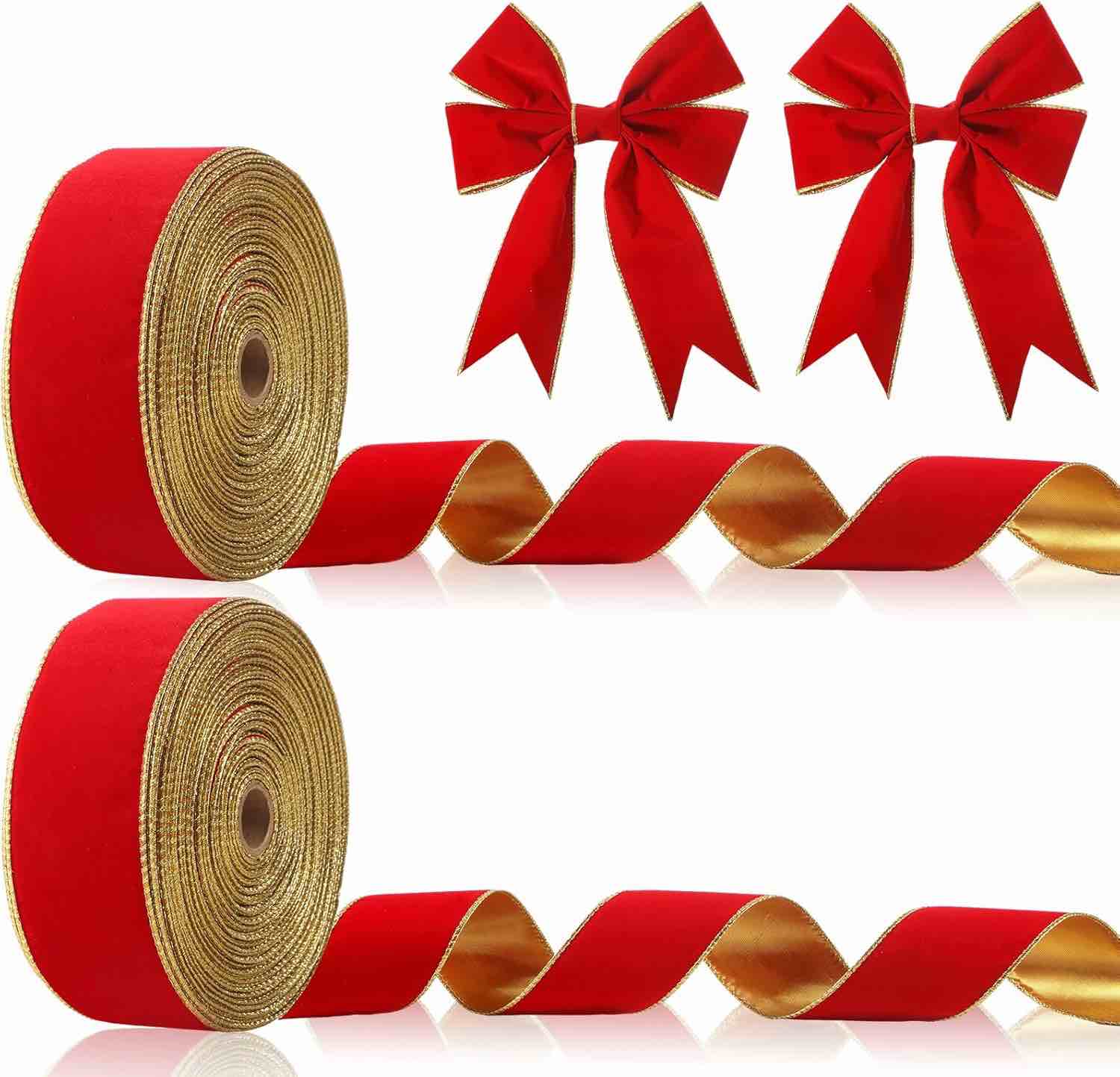 Giegxin 2 Rolls Christmas Velvet Ribbon Wired Gold Edge Ribbon Xmas Gift Wrapping Wired Ribbon for Christmas Wreaths Bow DIY Crafts Floral Arrangement Decoration (Red,4 Inch x 50 Yard)
