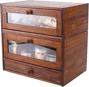 TQVAI Natural Bamboo 3 Tier Bread Storage Box with Clear Window Cutlery Tray Drawer Separable Bread Bin - Assembly Required, Retro Brown