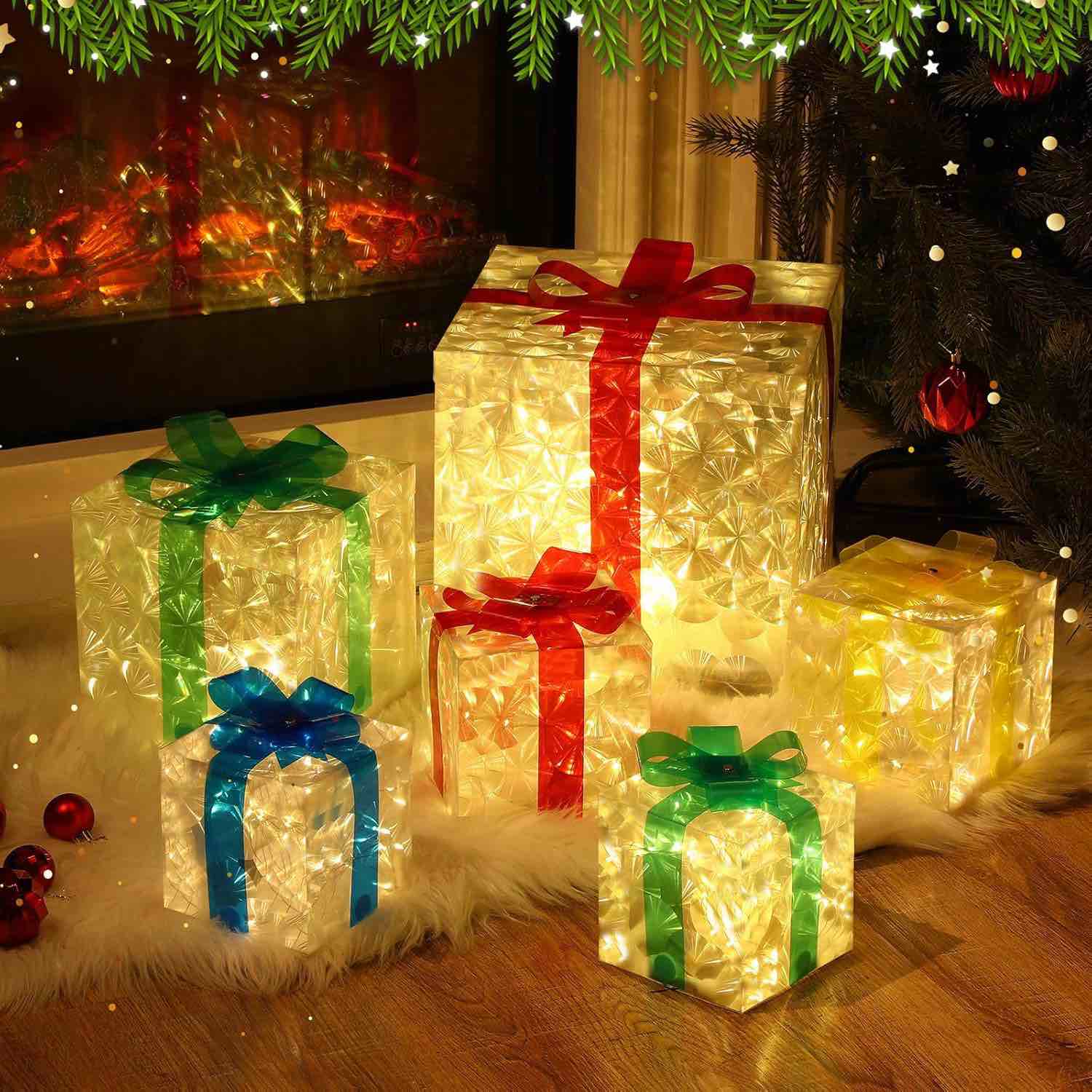 Kigley Set of 6 Christmas Lighted Gift Boxes LED Present Boxes Decoration, Pre Lit Light up Xmas Boxes PVC Under Tree Ornament Decor Indoor Outdoor, Holiday Party Fireplace Home Pathway Yard Art
