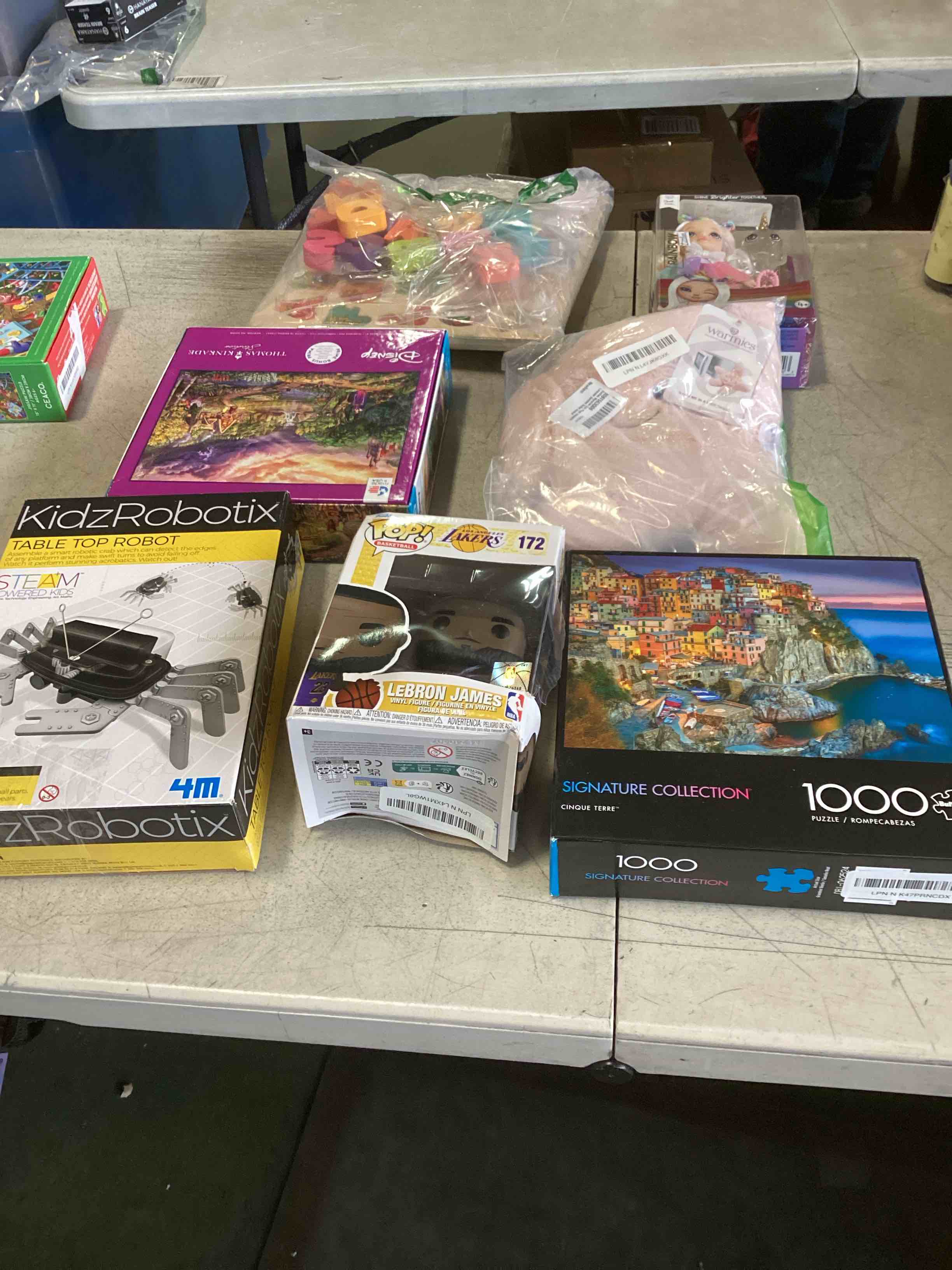  assortment of toys for kids boys and girls  of different ages that includes INCOHEARENT, MAIN STREET VILLAGE 1000 piece, CHARLES WYSHOCKI AND MORE