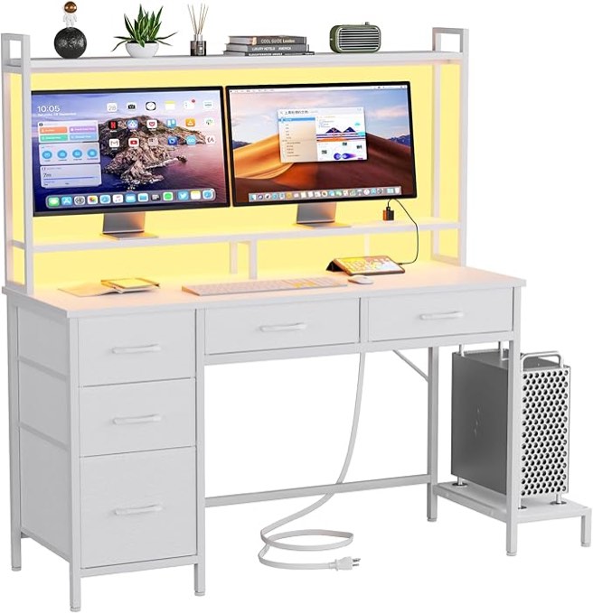 Computer Gaming Desk with Hutch, Home Office Desk with Power Outlets, LED Light, 5 Storage Drawers, 2 Tiers Shelves for Display, 47 Inch Modern Study Writing Table for Bedroom, White