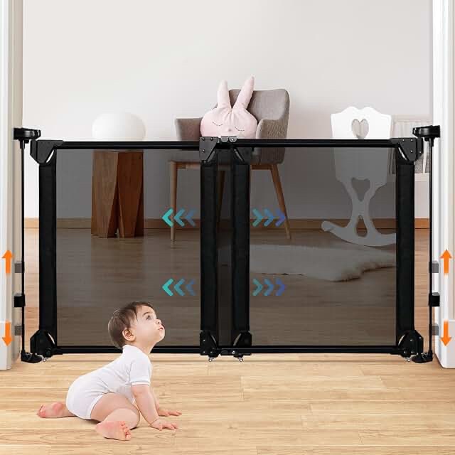 Foldable Extra Wide Baby Gate, 34-55" Adjustable Width, Metal Frames, Dual Openings, No Bottom Bar Baby Gate for Stairs, Doorways, Hallways, Porches, Decks, Mesh Baby Gate Child Gate Dog Gate
