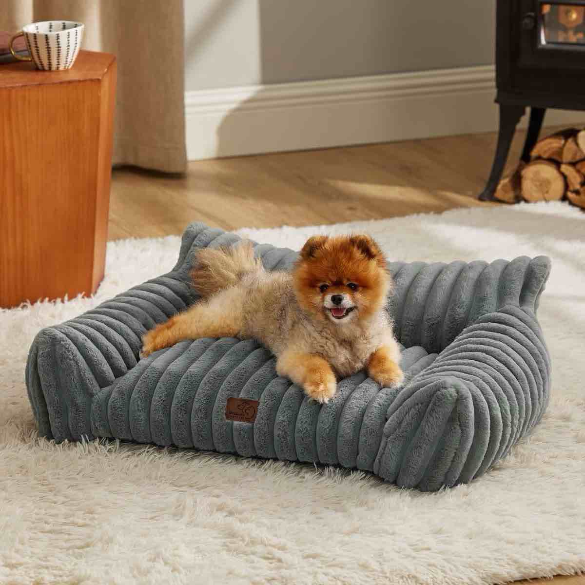 Bedsure Corduroy Fleece Dog Sofa Bed with Removable Cover, Grey Medium