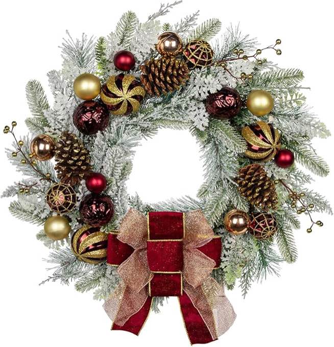 24” Christmas wreath for front door artificial unlit winter wreath with pine cones berry clusters burgundy bail ornaments and ribbon for thanksgiving holiday Christmas decorations 