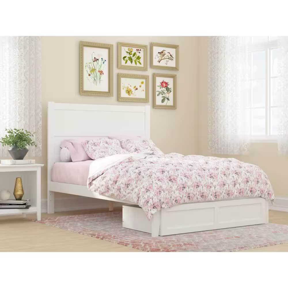 Full AJHO11WHB NoHo White Full Solid Wood Storage Platform Bed with Foot Drawer and Attachable USB Device Charger. Storage drawer panels and side rails ONLY