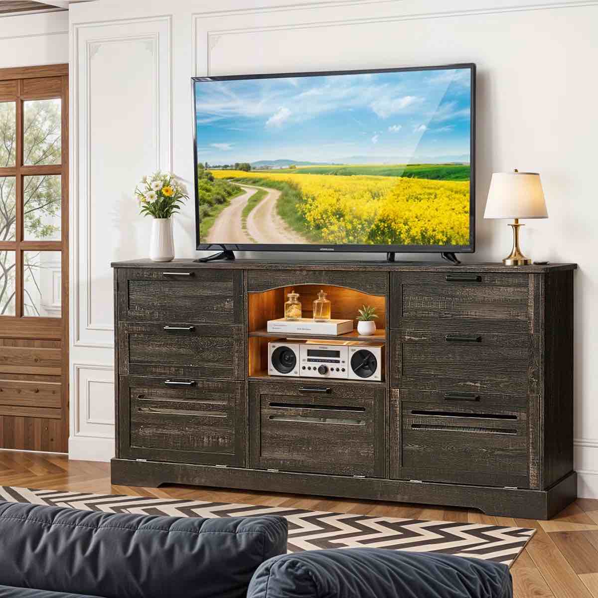 !! MISSING PIECES !! Helland Large 63"W Drawer Dresser, Farmhouse Storage organizer for Bedroom, Ruatic Chest of Drawers with Charging Station, Antique Dresser Chest with LED Light