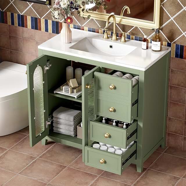 bathroom vanity with ceramic sink combo, solid wood frame bathroom cabinet with a soft close glass door freestanding bathroom vanity set with adjustable shelves and three drawers, green