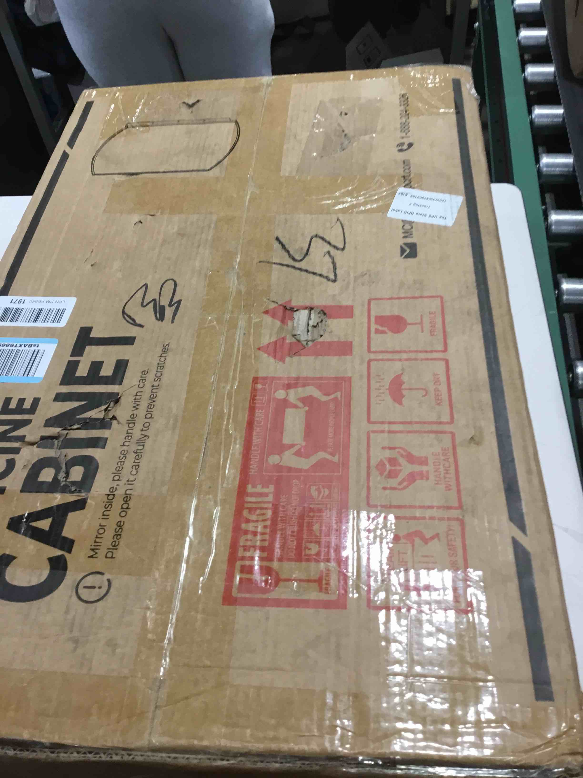 Condition photo showing As Is for TokeShimi 16 x 26 Oval Bathroom Medicine Cabinet with Mirror Beveled, White Arched Medicine Cabinet with Mirrored, Recessed or in Wall Mirror with Storage Metal Modern 16x26 IN White