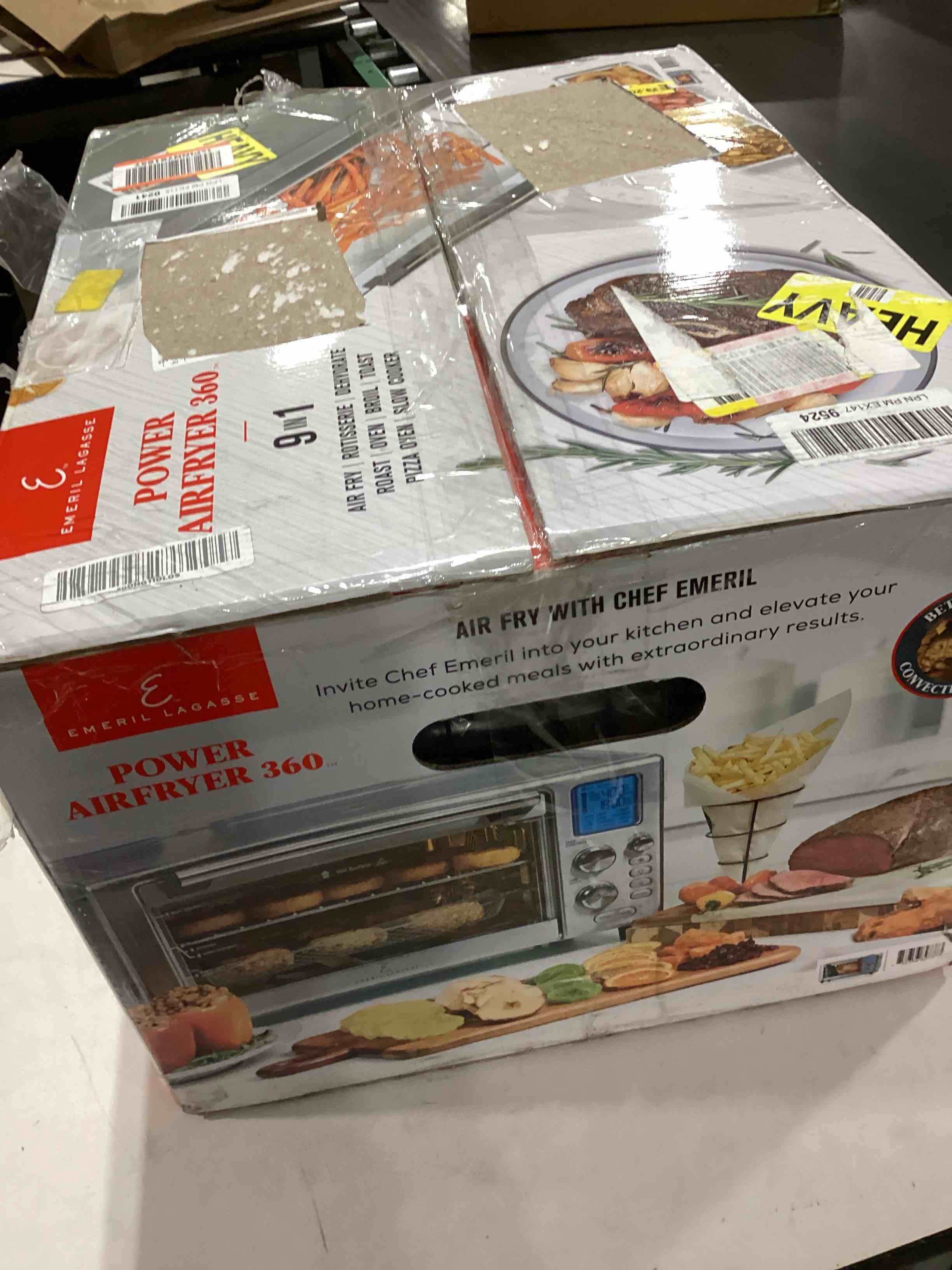 Condition photo showing As Is for Emeril Lagasse Everyday 360 Stainless Steel Air Fryer, 360° Quick Cook Technology, XL capacity, 9-in-1, 12 Pre-Set Cooking Functions including Bake, Rotisserie, Broil, Pizza, Slow Cook, Toaster