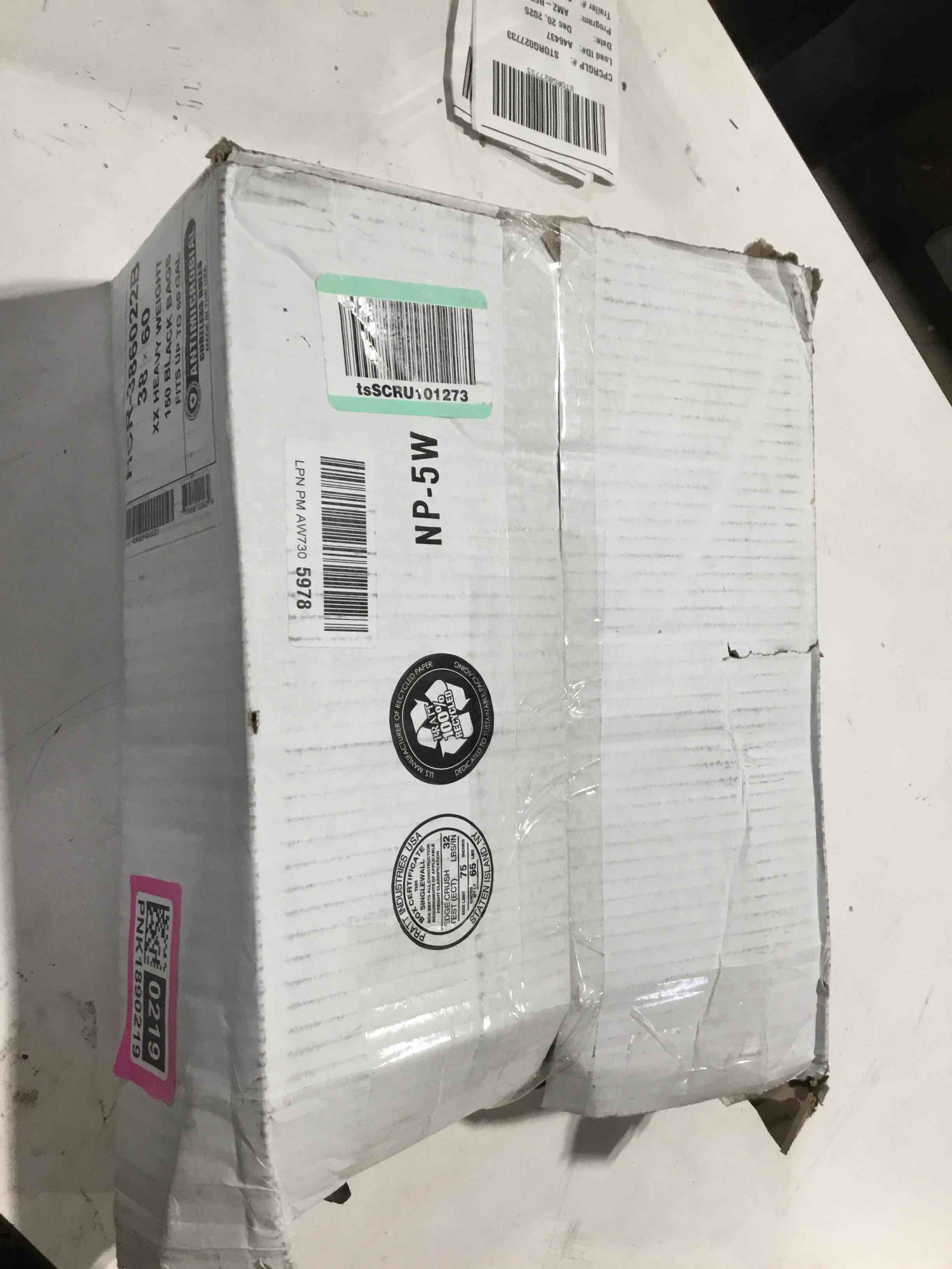 Condition photo showing As Is for Aluf Plastics High Density Trash Bags, 60 Gallon, 150 Count, 22 Micron (eq), 38" x 60", Black, for Bathroom, Office, Industrial, Commercial, Janitorial, Municipal, Recycling Black 55-60 Gal, 22 Micron Equiv, 150 Count