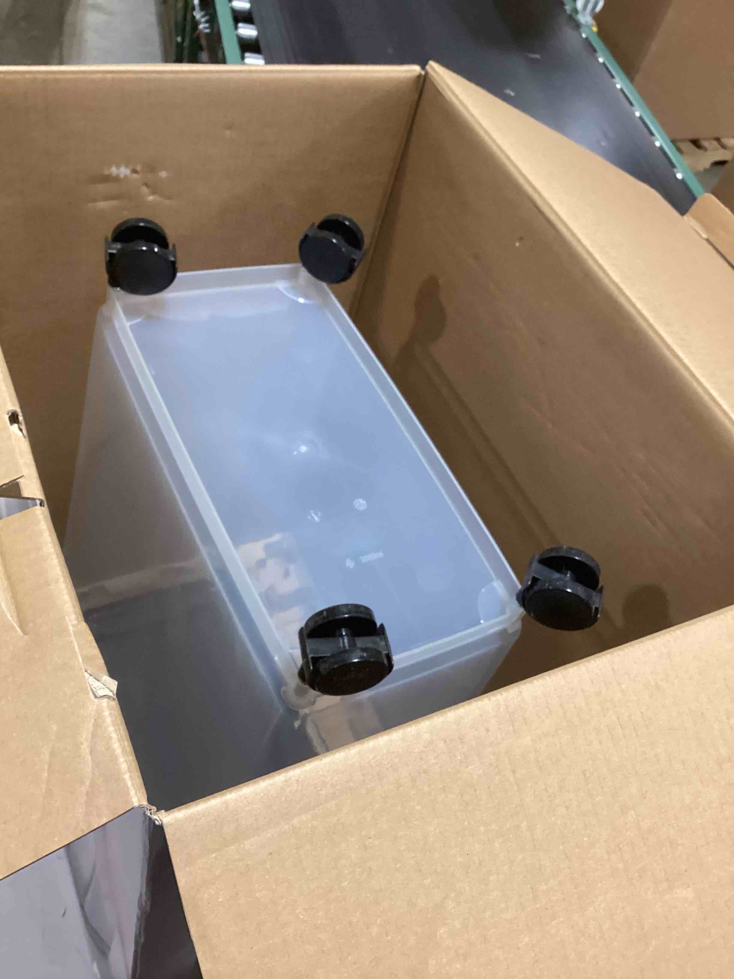 Condition photo showing As Is for IRIS USA Airtight Dog Food Storage Container, Up to 38 lbs, Attachable Wheels, For Dog Cat Bird and Other Pet Food Storage Bin, Keep Fresh, Translucent Body, Easy Mobility, Navy Navy/Clear