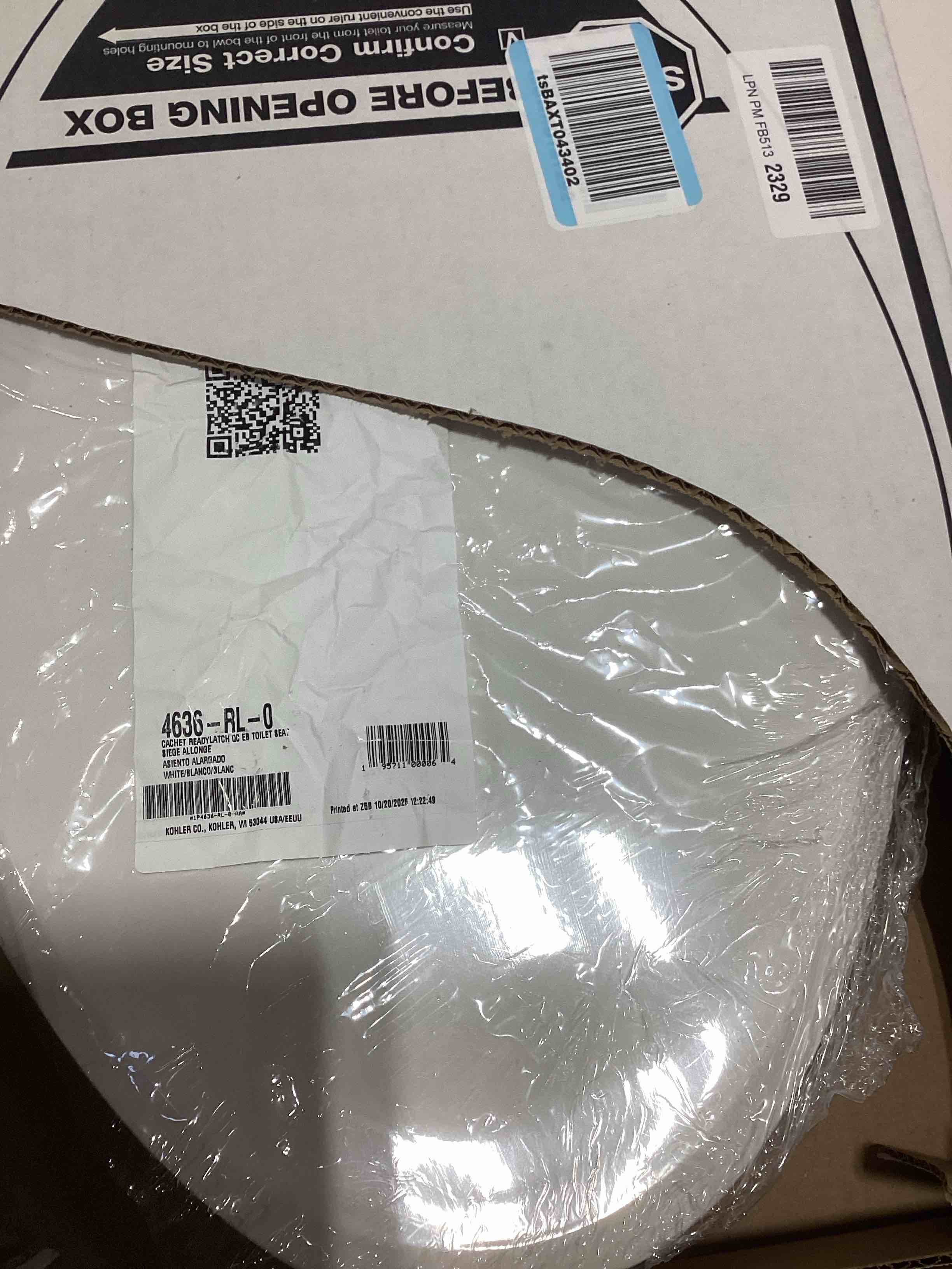 Condition photo showing As Is for KOHLER 4636-RL-0 Cachet ReadyLatch Elongated Toilet Seat Slow Close, Soft Close Toilet Seat Quiet Lid, Contoured Grip-Tight Bumpers Installation Hardware, Apartment Essentials, White White Elongated Ready Latch
