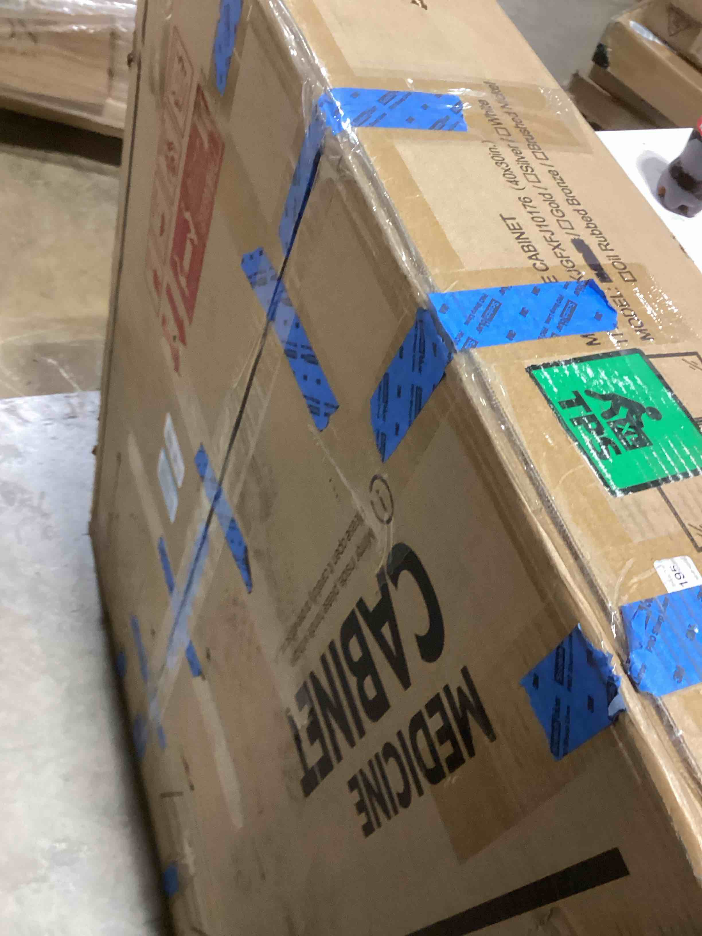 Condition photo showing As Is for Keonjinn 40" x 30" Medicine Cabinets with Mirror for Bathroom, Brushed Nickel Recessed or Surface Wall-Mounted Aluminum Alloy Framed Beveled Mirror, Farmhouse Bathroom Mirror with Storage Cabinet Mirror: 40x30 IN Double-Door Brushed Nickel