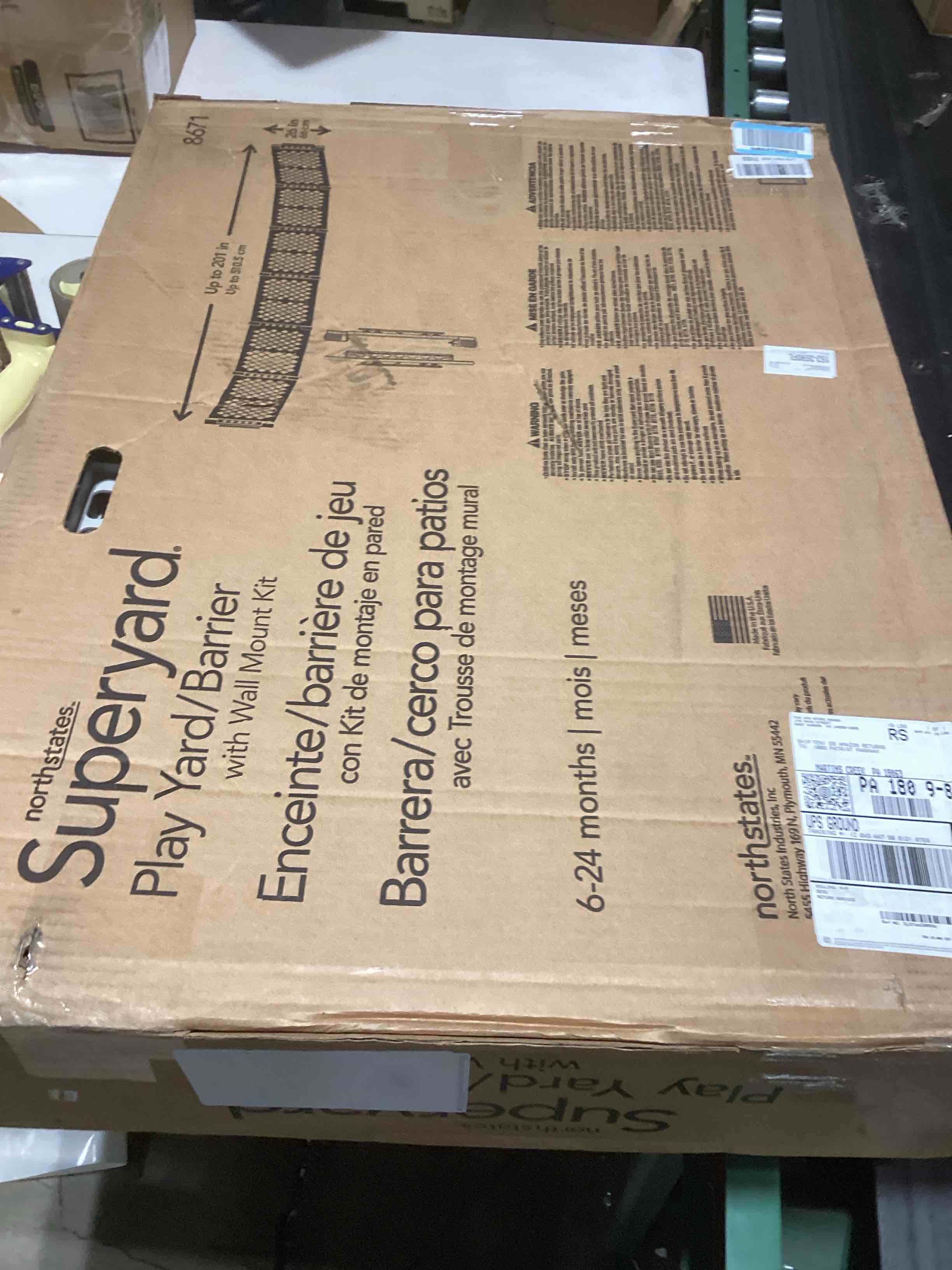 Condition photo showing As Is for Toddleroo by North States - Superyard Duo Extra Wide Baby Gate & Play Yard: 6 Panel Baby Playpen - Included Wall Mount Kit - Made in USA - 38.5 to 201 Inches Wide - 26 Inches Tall - Light Gray 6-Panel Barrier Light Gray