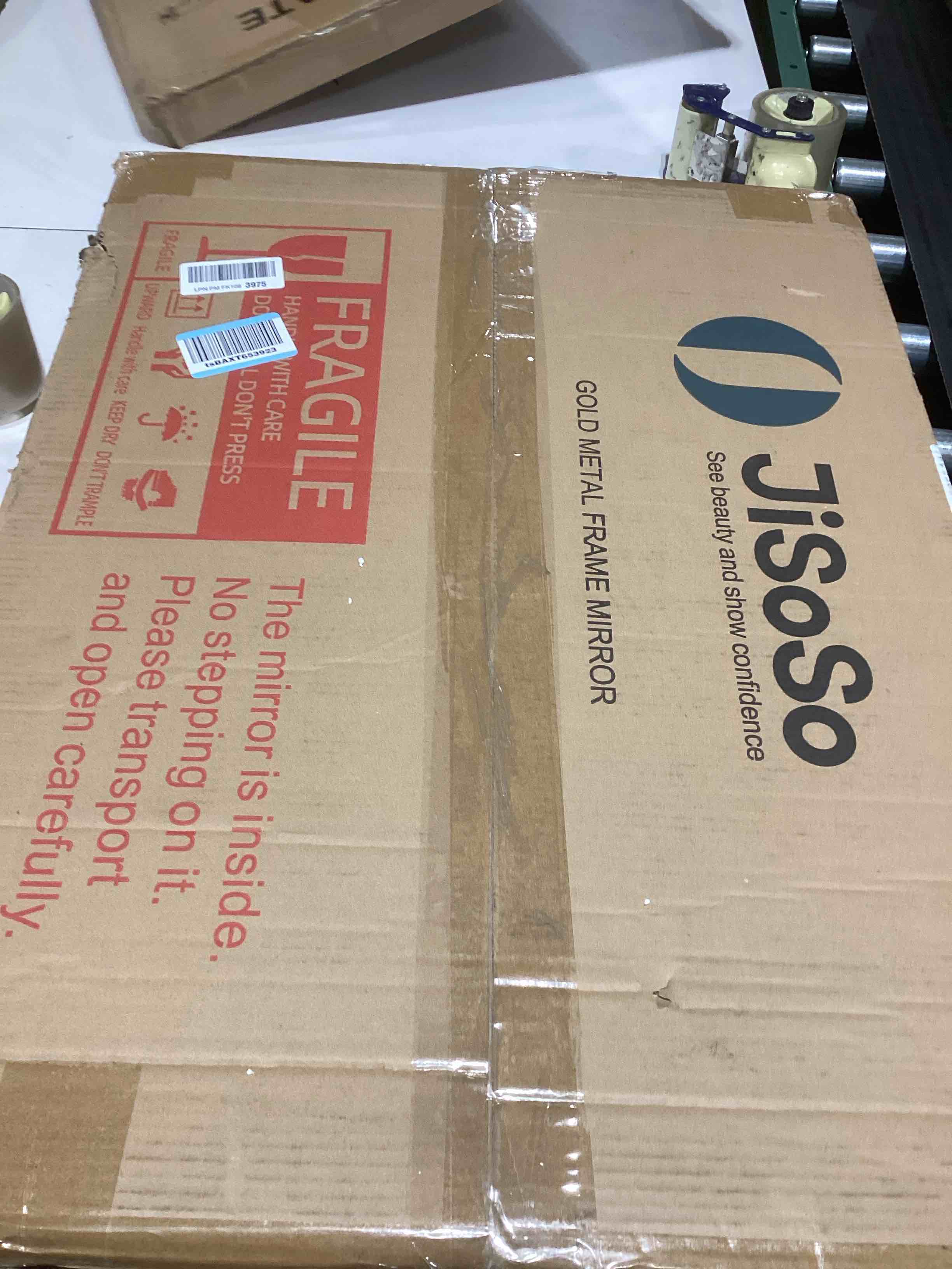 Condition photo showing As Is for Gold Bathroom Mirror, 22x30 Inch Brushed Gold Metal Frame Mirror for Wall, Rounded Rectangle Bathroom Vanity Mirror, Tempered Glass, Anti-Rust, Horizontal/Vertical Gold 22"L x 30"W