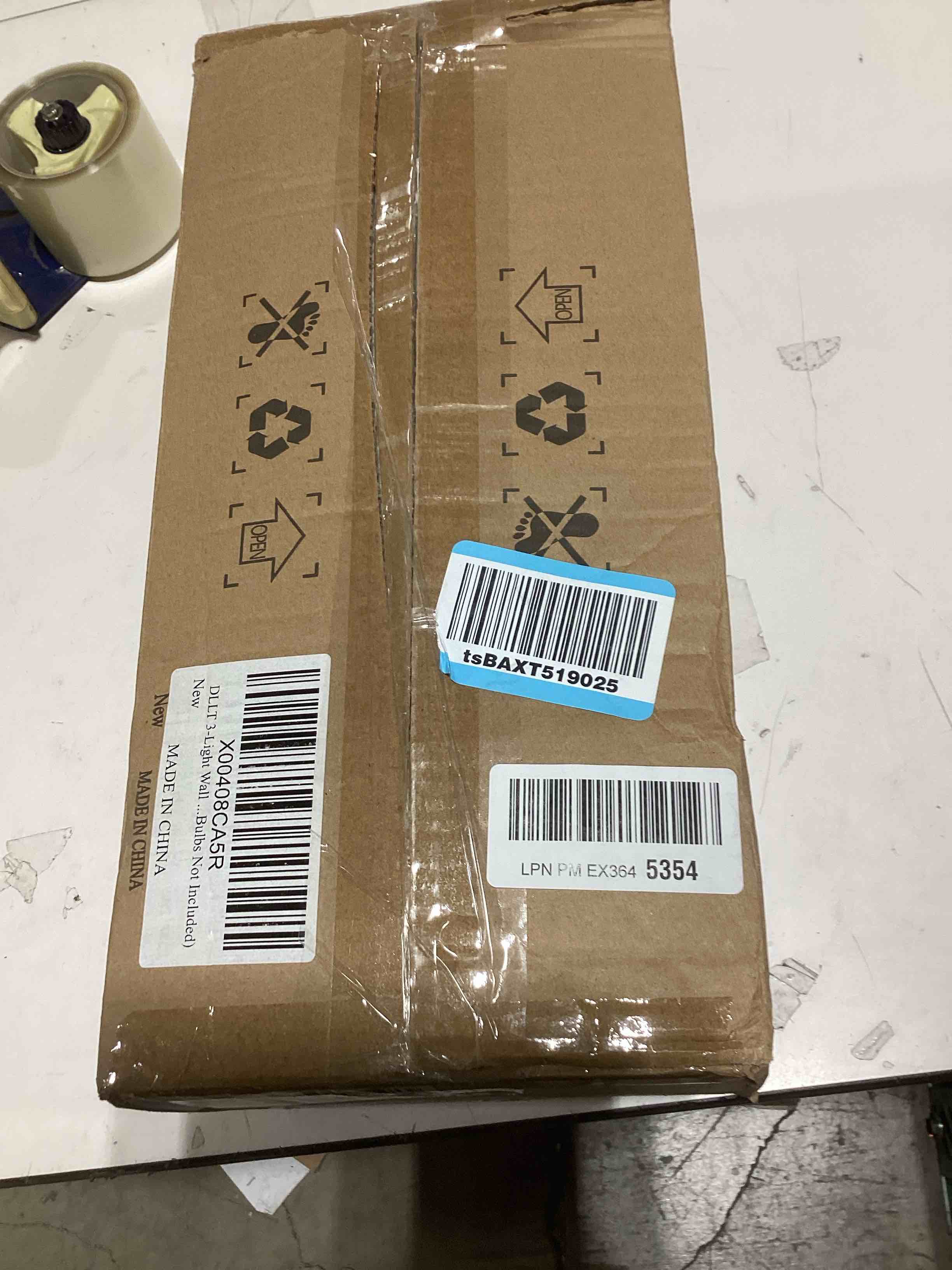 Condition photo showing As Is for DLLT 3-Light Bathroom Light Fixtures: Black Modern Vanity Lights with 3 E26 Bulbs - Clear Glass Shade Bathroom Wall Lamp for Mirror Kitchen Living Room Hallway Cabinet Porch Matte Black 3-Light