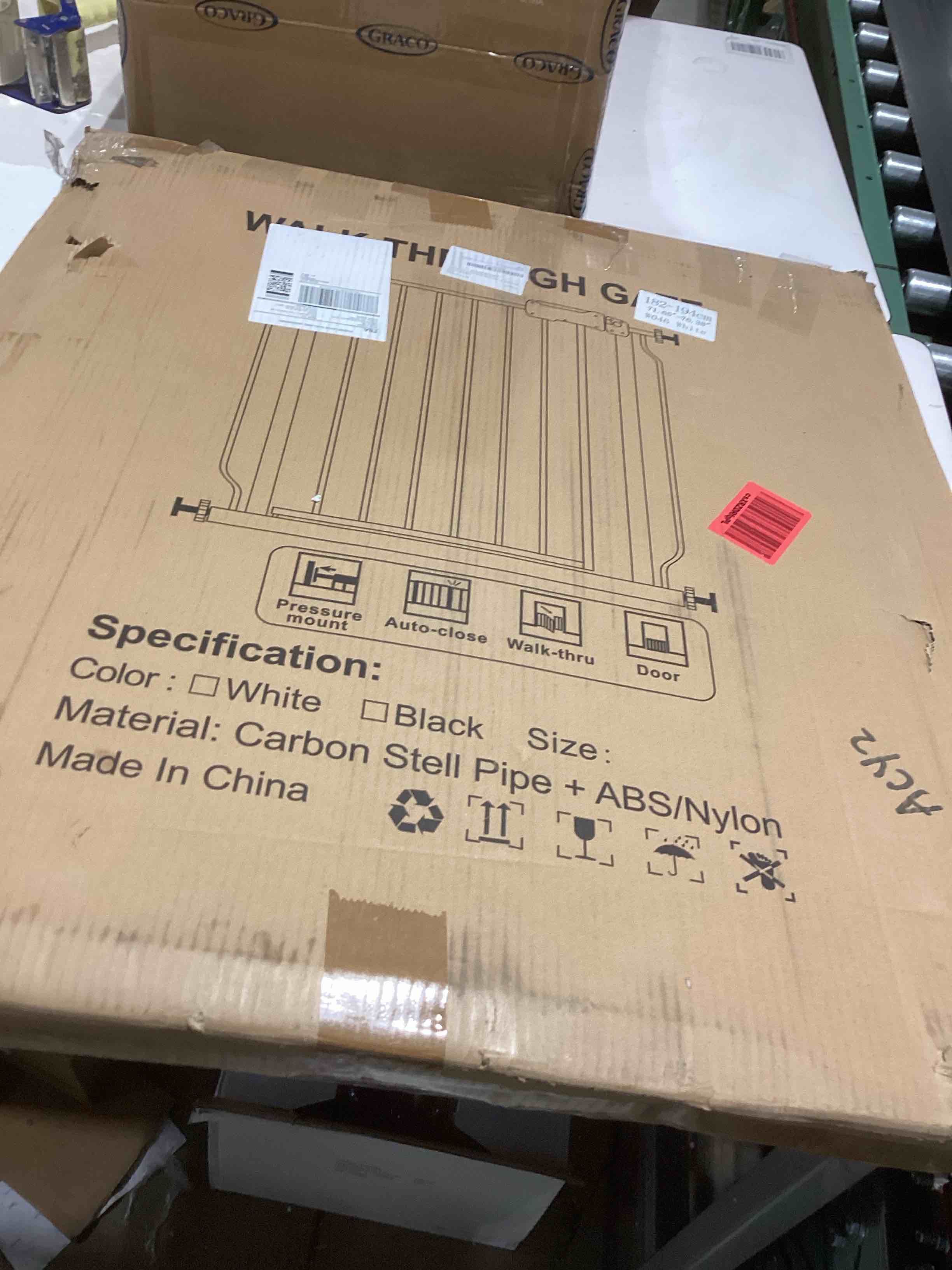 Condition photo showing Good Condition for ALLAIBB Extra Wide Baby Gate Pressure Mount Auto Close White Metal Child Dog Pet Safety Gates with Walk Through for Stairs,Doorways,Kitchen and Living Room(71.65-76.38"/182-194cm) White 71.65-76.38"/182-194cm