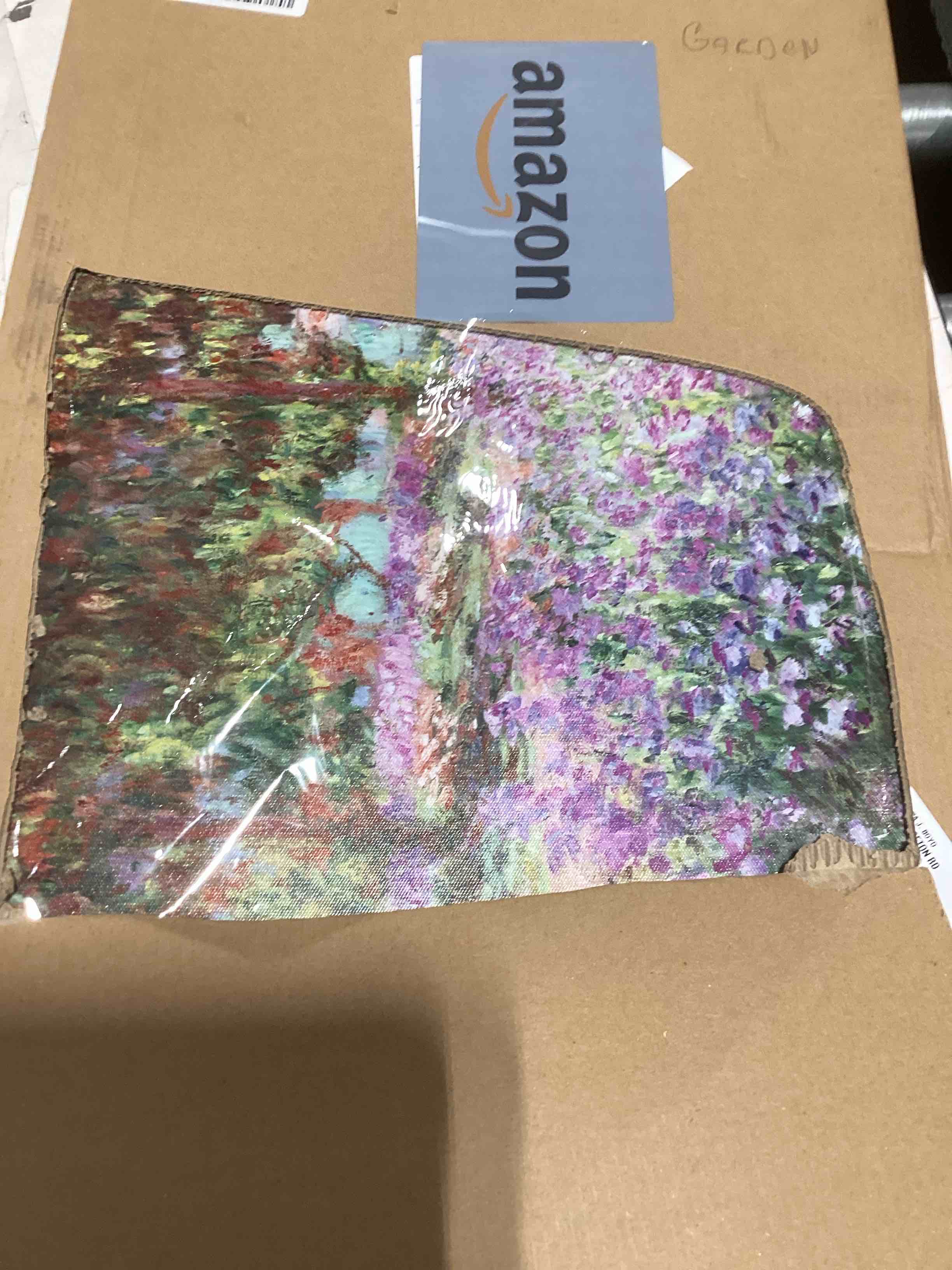 Condition photo showing As Is for Irises in Monet's Garden, 1900 by Claude Monet - Large Canvas Art Wall Decor Painting Print Framed -16" x 24" 24L" x 16W" Irises in Monet's Garden