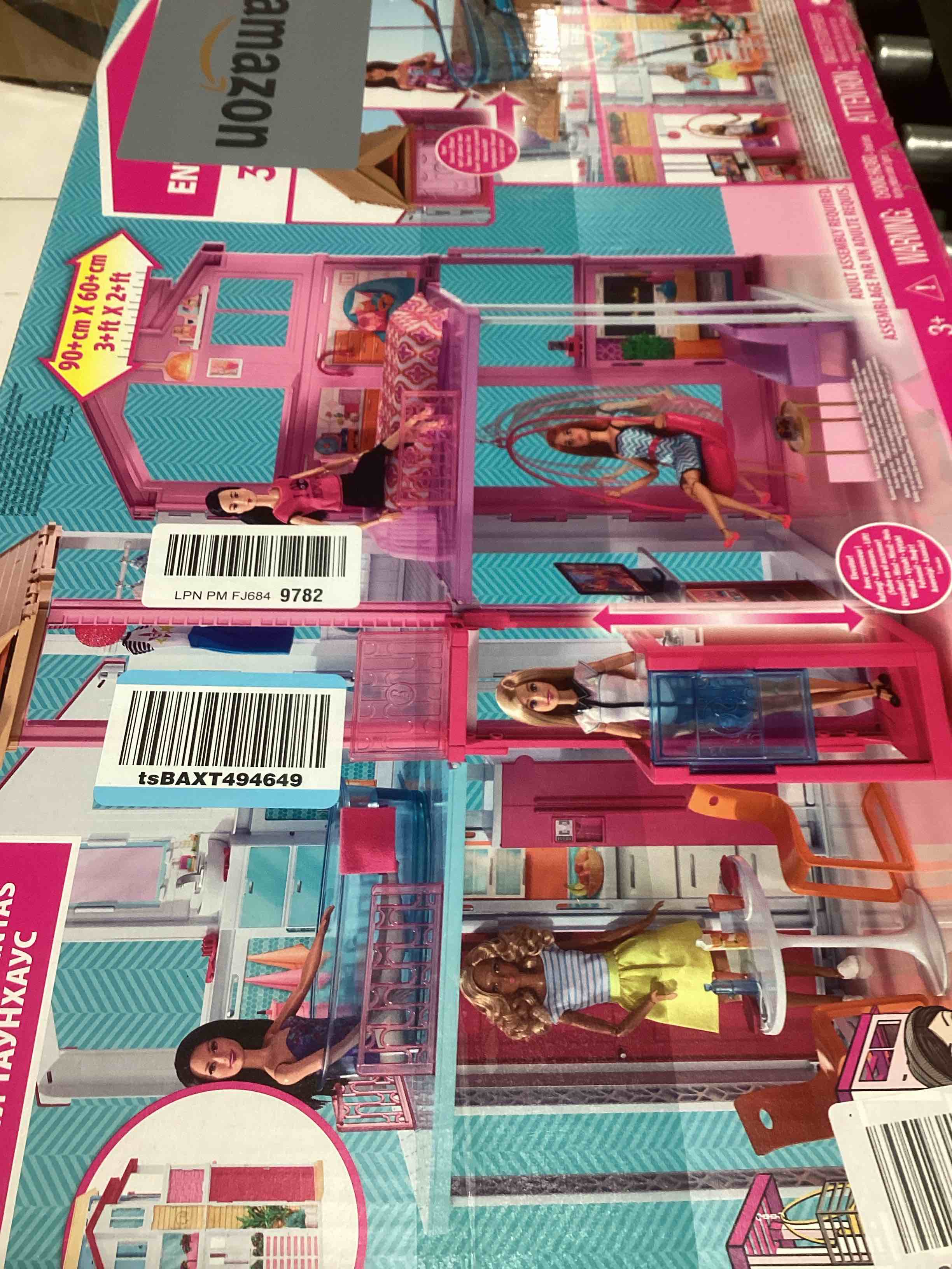 Condition photo showing As Is for Barbie 3-Story Townhouse Dollhouse with Elevator, Swing Chair, Furniture and Accessories, Fold for Portability and Travel (Amazon Exclusive)