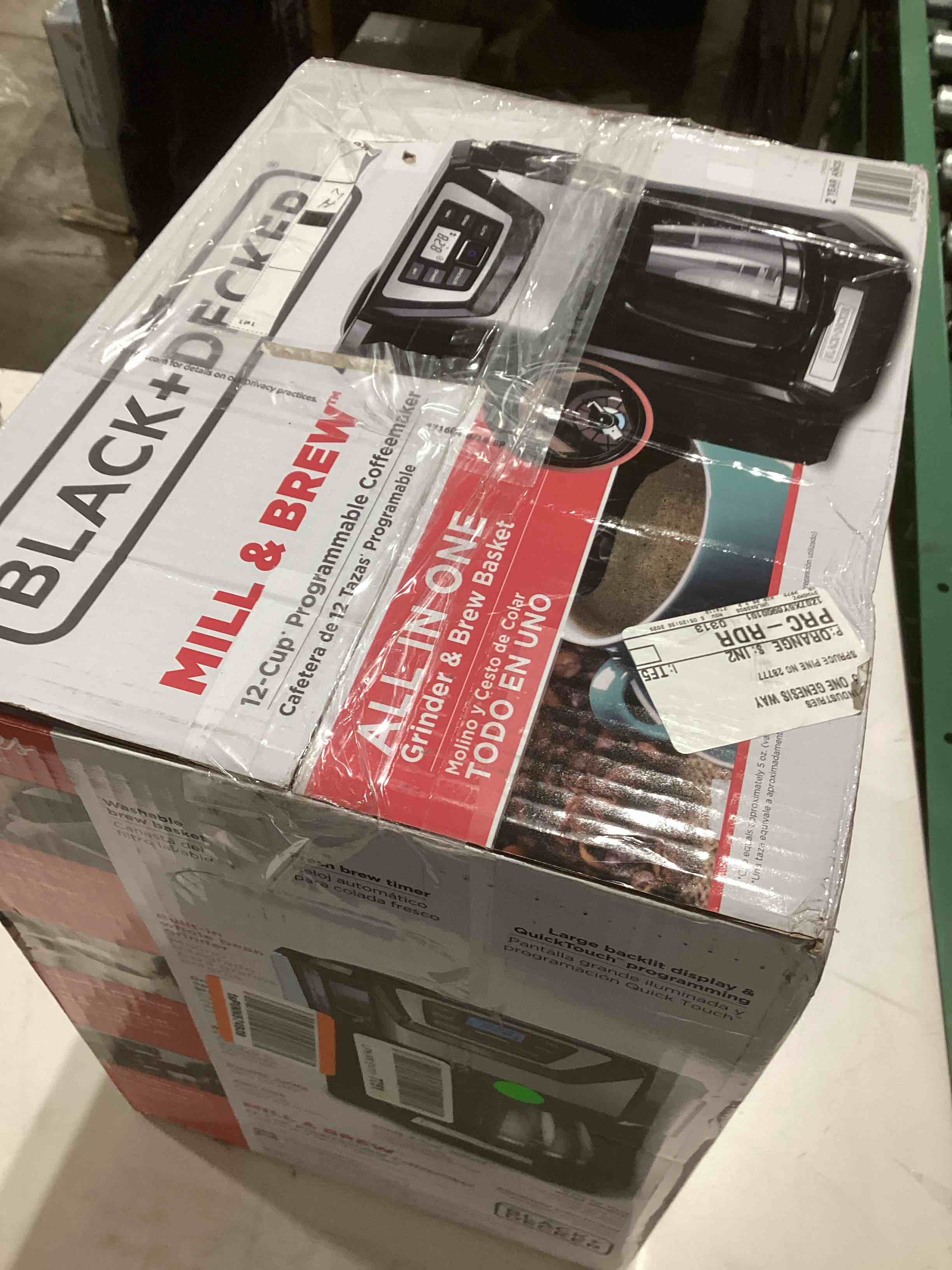 Condition photo showing As Is for BLACK+DECKER 12-Cup Mill and Brew Coffee Maker, Automatic Grind and Brew Drip Coffee Machine, Programmable, Sneak-A-Cup, Reusable Filter. 12-Cup Coffee System