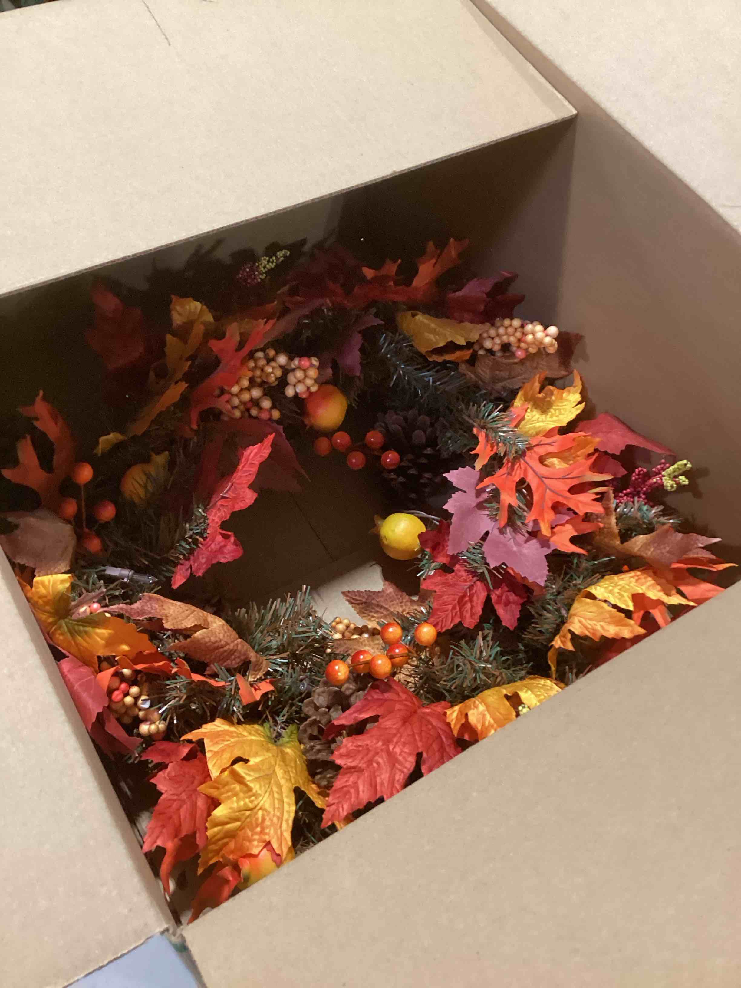 Condition photo showing As Is for National Tree Company Pre-Lit Artificial Autumn Wreath, Decorated with Gourds, Pinecones, Maple Leav