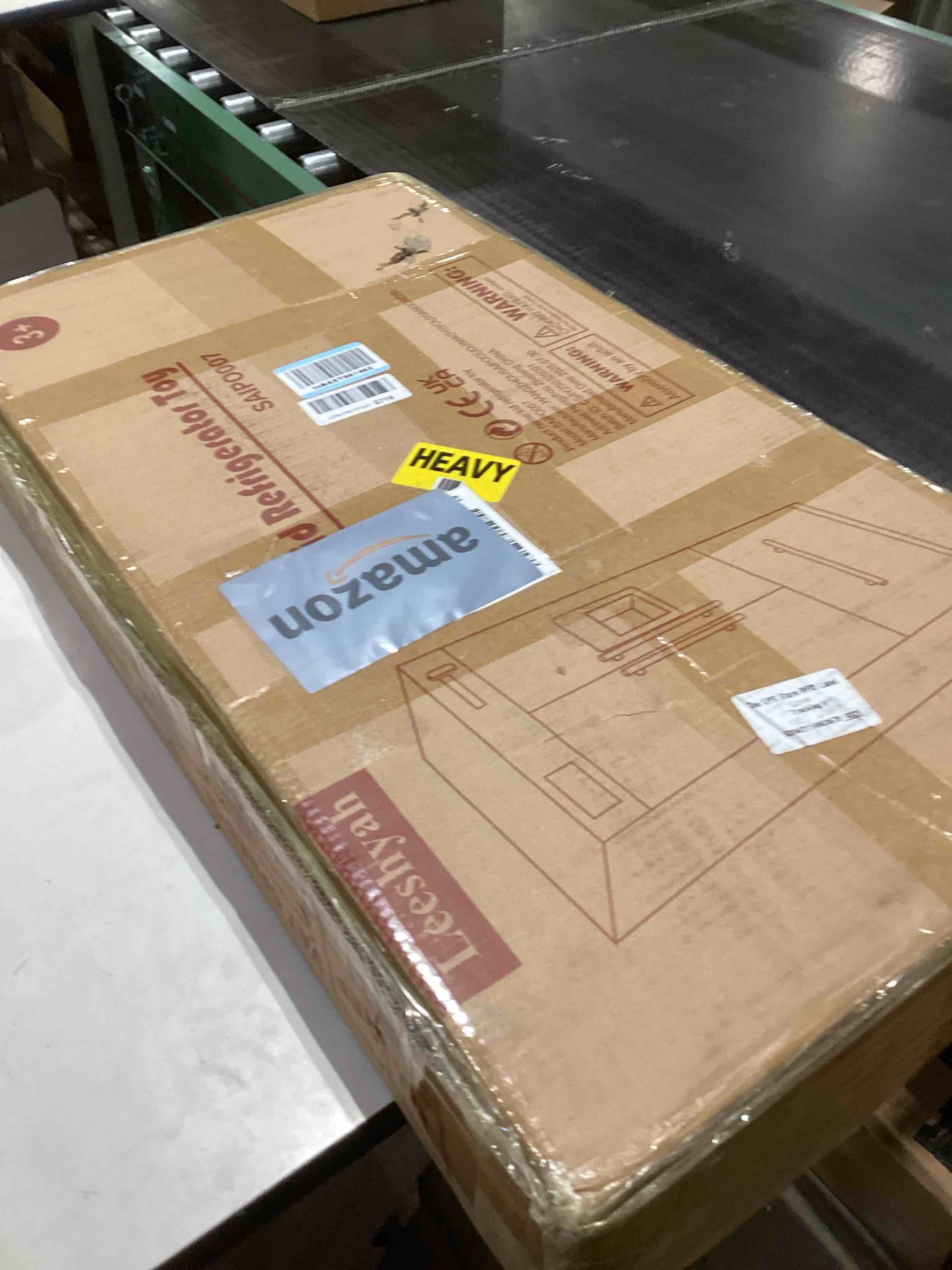 Condition photo showing As Is for Wooden Play Kitchen Fridge – Interactive Ice Maker, Double Door Storage & Creative Fridge Magnets, Pretend Play Refrigerator for Boys & Girls 3+