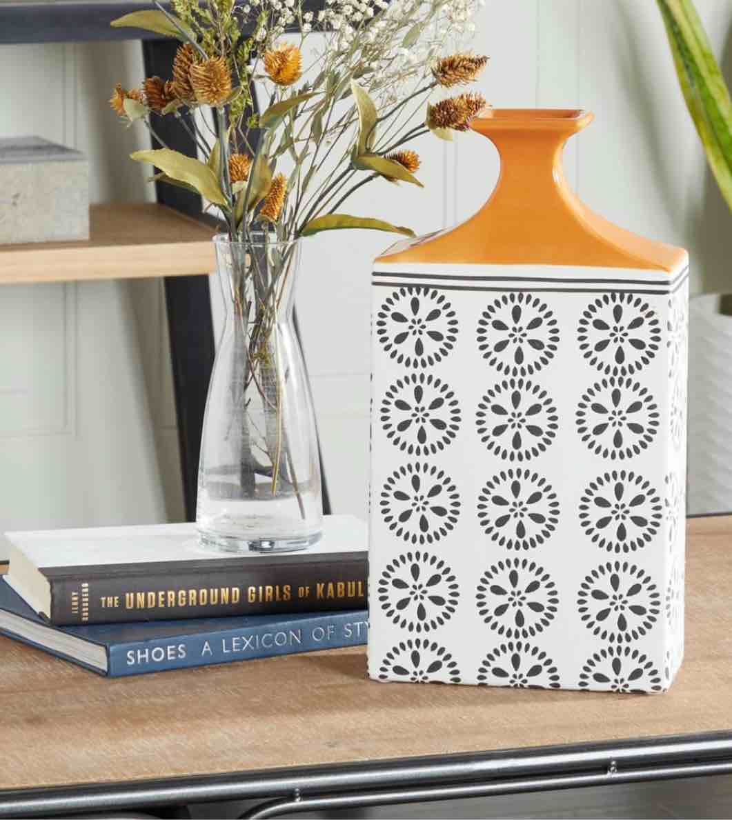 UMA White Ceramic Floral Decorative Vase with Orange Tops, 8" x 7" x 14" | 29798 CLOSEOUT