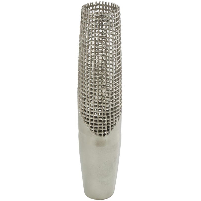 UMA Silver Aluminum Metal Tall Grid Inspired Decorative Vase with Open Frame Design