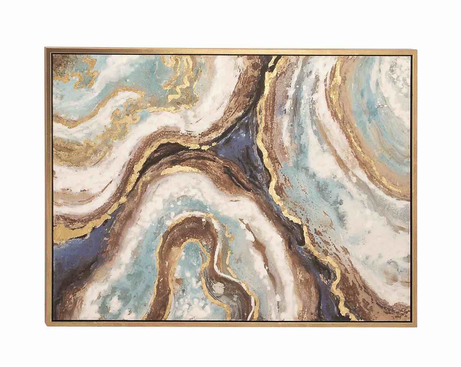 UMA Blue Canvas Geode Enlarge Slice Living Room Framed Wall Art with Gold Foil Accents