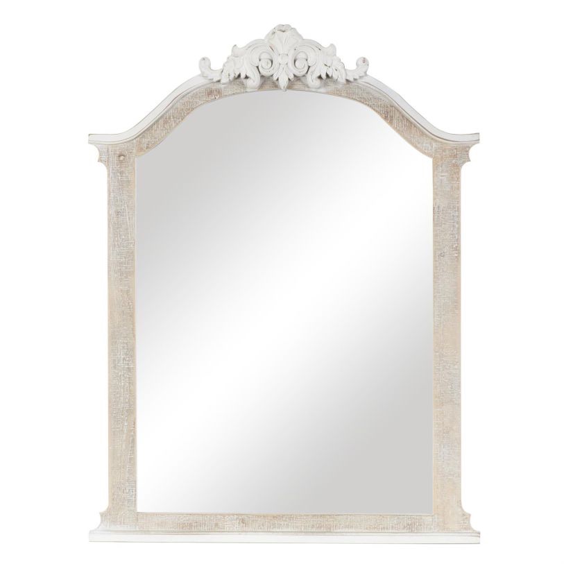 UMA Cream Wooden Arched Scroll Room Wall Mirror with Brown Distressing