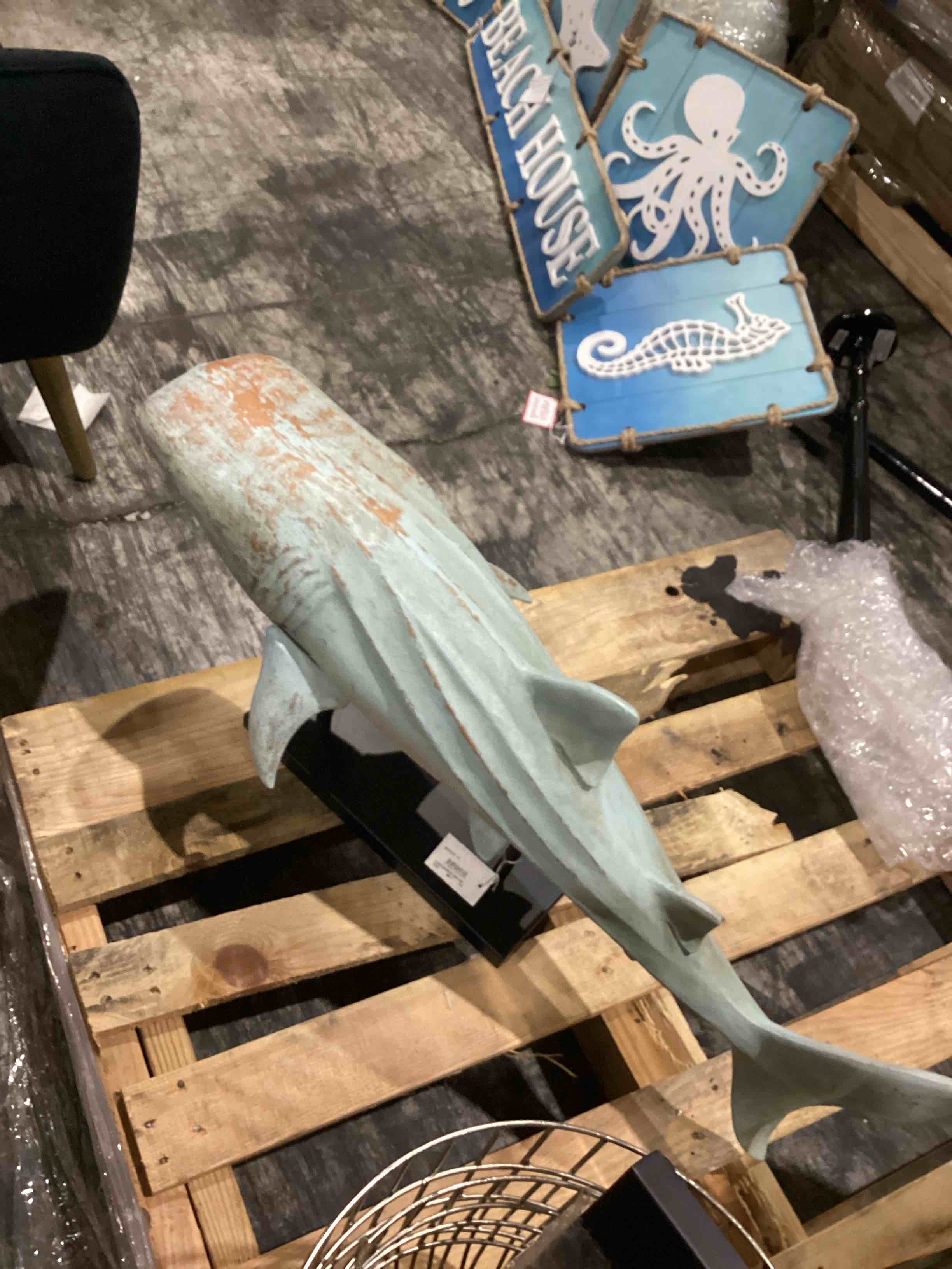 Light Blue Polystone Shark Distressed Decorative Sculpture with Brown Wood Inspired Accents and Black Stand, 39" x 15" x 14"