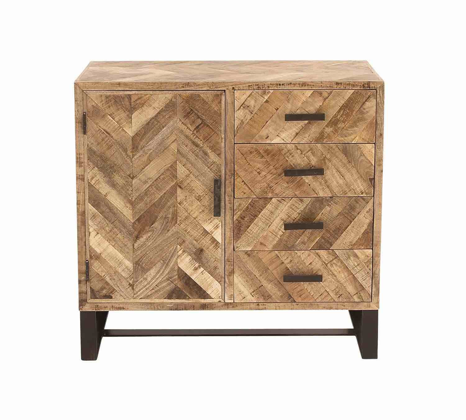 UMA Brown Mango Wood Geometric 4 Drawers 1 Shelf and 1 Door Room Cabinet with Wood Inlay
