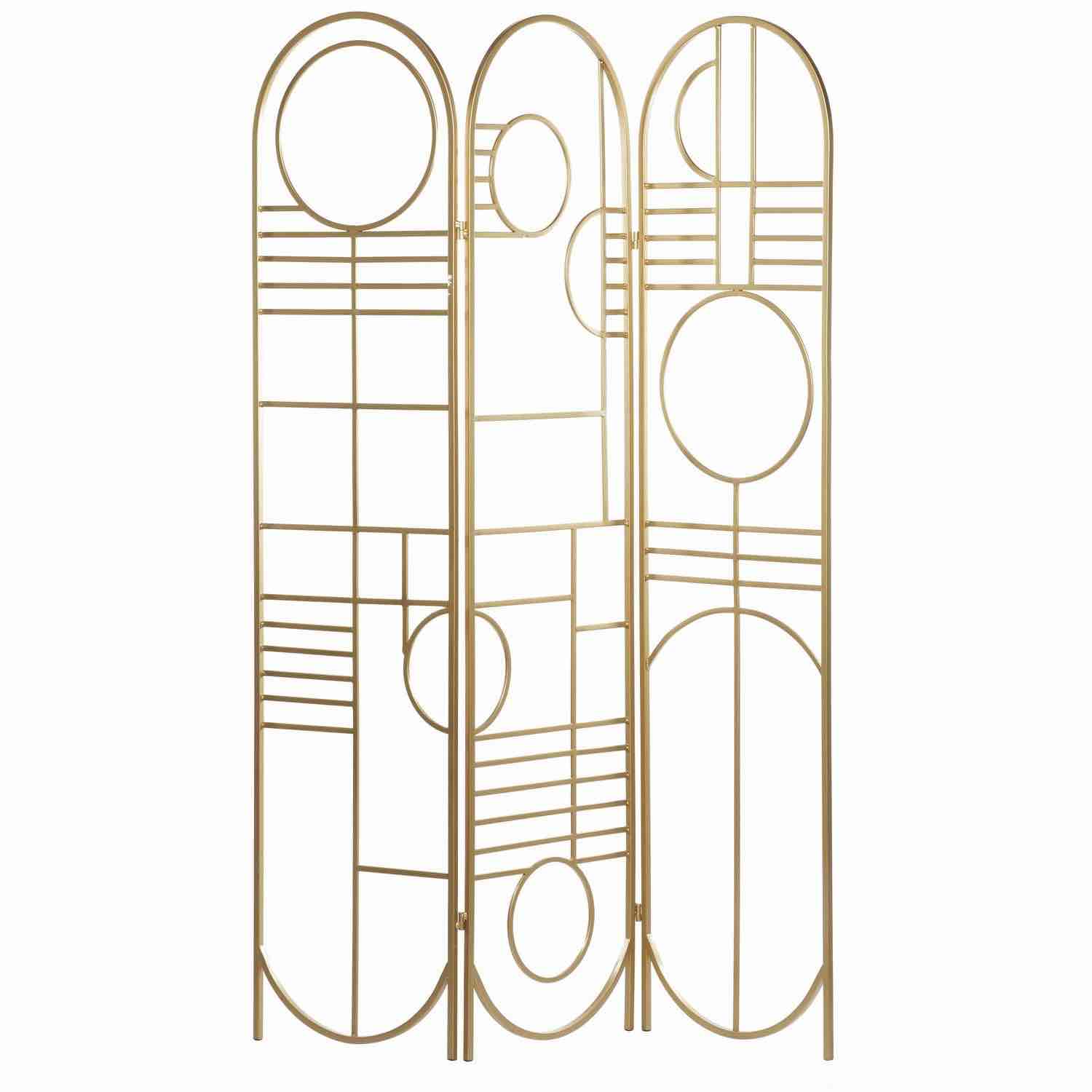 UMA Gold Metal Geometric Hinged Foldable Arched Partition 3 Panel Partition Room Divider Screen