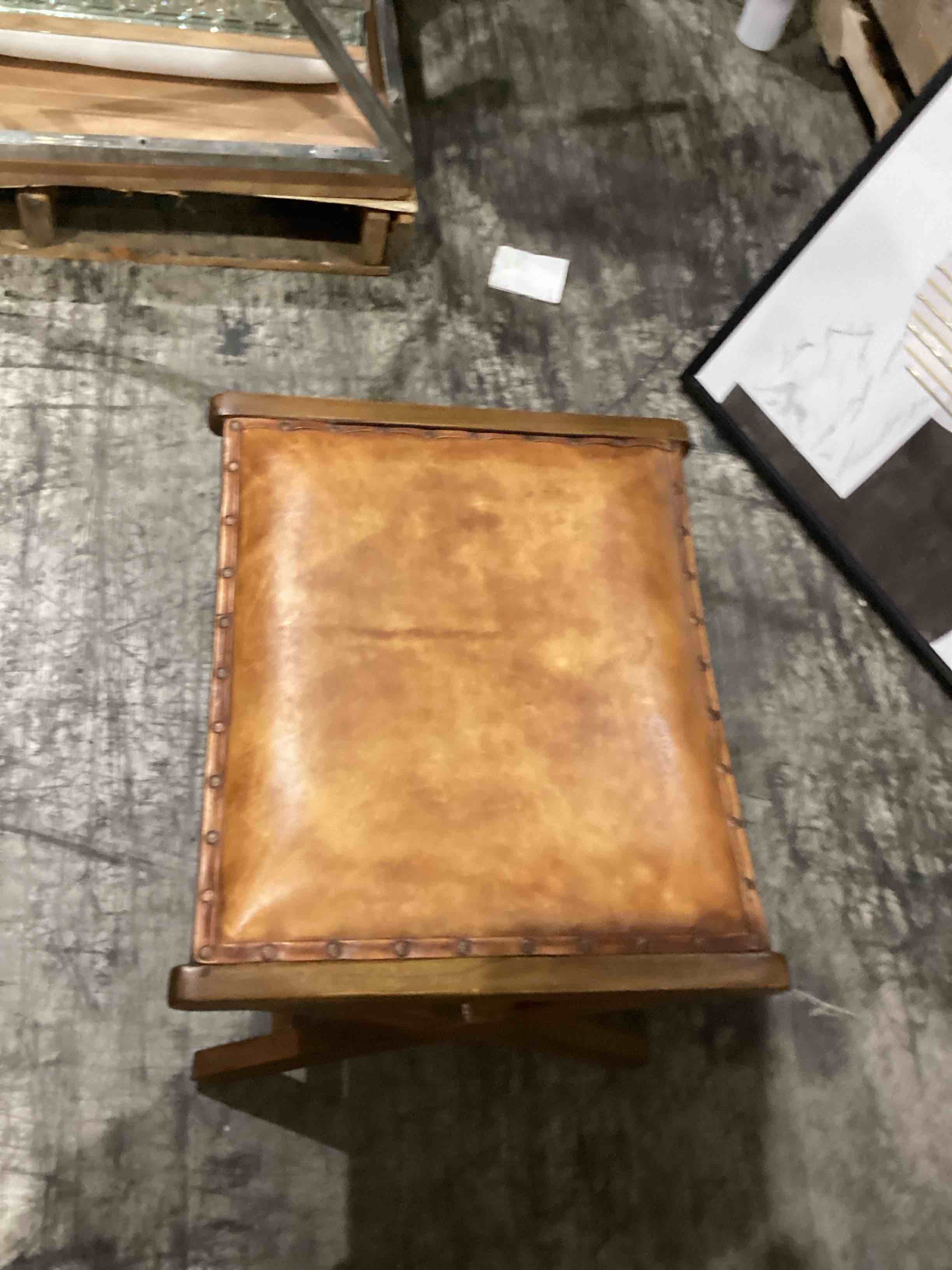 DecMode Teak Wood Upholstered Leather Ottoman 