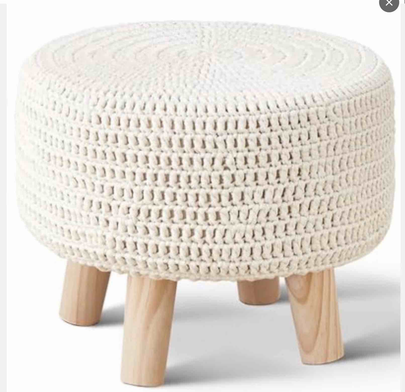 Updated Pouf Ottoman, 100% Cotton Knitted Boho Footstool, Round Footrest with Non-Skid Wood Legs, Home Décor Handmade Pouffe, Leisure Floor Step Stool for Living Room (Beige)
