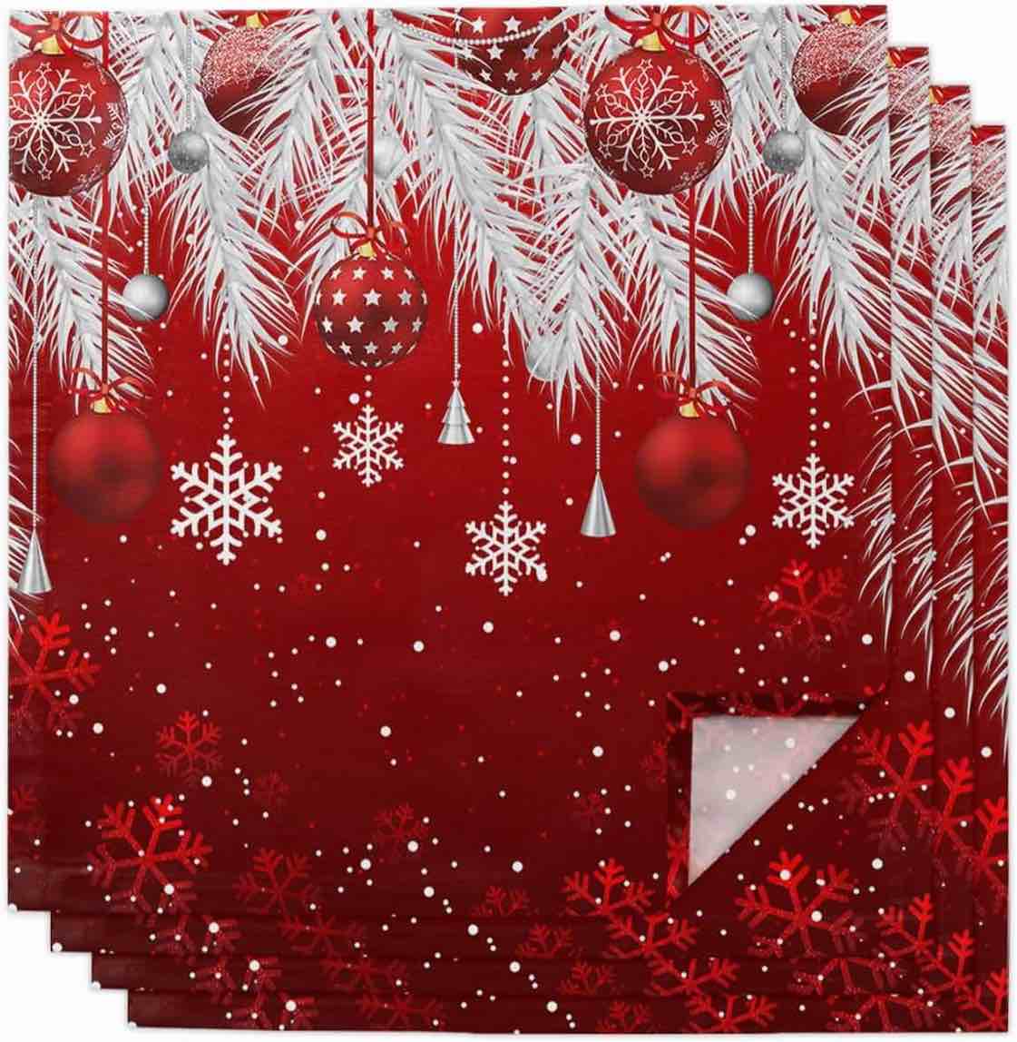 Red Christmas Cloth Napkins Set of 4, Washable Reusable Dinner Cocktail Napkin for Kitchen Party Wedding Banquet Holiday Baby Shower Table Decor Xmas Balls Snowflake Silver Pine Needles