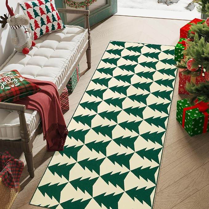 COLLACT Christmas Runner Rug 2x5 Green Hallway Rug Green on Cream Xmas Tree Runner Kitchen Rug Washable Rug Non Slip Holiday Decorative Floor Carpet Soft Rug for Bedroom Bathroom Laundry Living Room