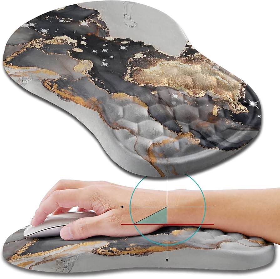 Hokafenle Ergonomic Mouse Pad Wrist Support, Wrist Rest Mousepad for Carpal Tunnel Pain Relief with Integrated Memory Foam Slope Massage Bulge (11.8x7.9 inch,Topographic Contour)   (12x8 inch, Black Gold Marble