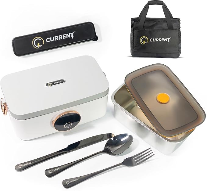 Electric Lunch Box with Fast Charging & 1L Capacity - Portable Food Warmer for Work, Travel & Outdoor - Leakproof Convenient Heated Lunchbox Keep Your Meals Hot with Insulated Bag, Black Cutlery Set