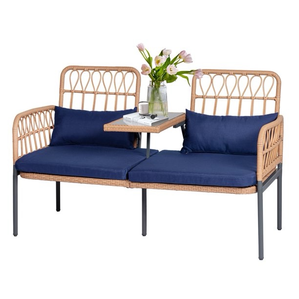 Tappio Outdoor Rattan Loveseat, Patio Rattan Conversation Set Seat Sofa Cushioned Loveseat Table Chairs with Built-in Coffee Table, Blue