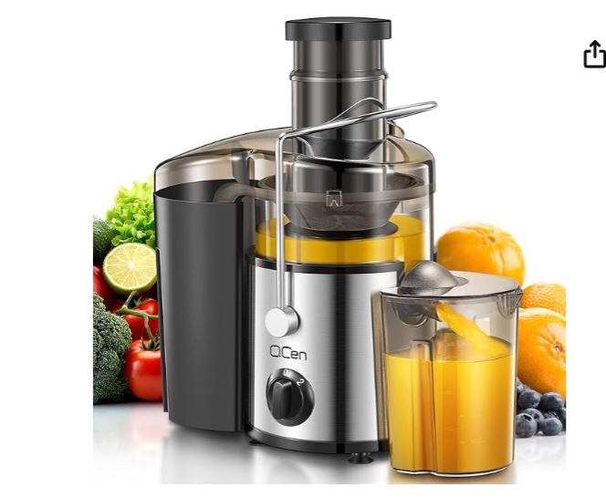 QCen Juicer Machine, 500W Centrifugal Juicer Extractor with 3” Wide Mouth Feed Chute for Fruits & Vegetables, Easy to Clean, Stainless Steel, BPA-Free